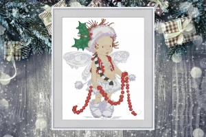 Cross stitch pattern of a Christmas fairy with holly leaves, wings, and a red garland, detailed festive embroidery design on white background.