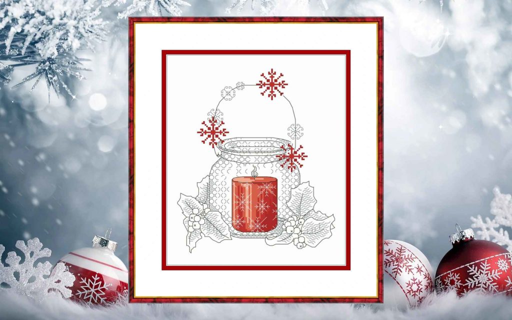 Cross stitch pattern of a glowing red candle in a glass jar with snowflakes and holly leaves on a white background.