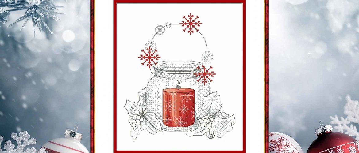Cross stitch pattern of a glowing red candle in a glass jar with snowflakes and holly leaves on a white background.