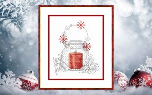 Cross stitch pattern of a glowing red candle in a glass jar with snowflakes and holly leaves on a white background.
