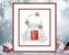 Cross stitch pattern of a glowing red candle in a glass jar with snowflakes and holly leaves on a white background.