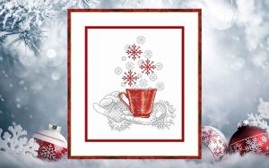 Cross stitch pattern of a red cup in hands with falling snowflakes, cozy winter embroidery design on white background.